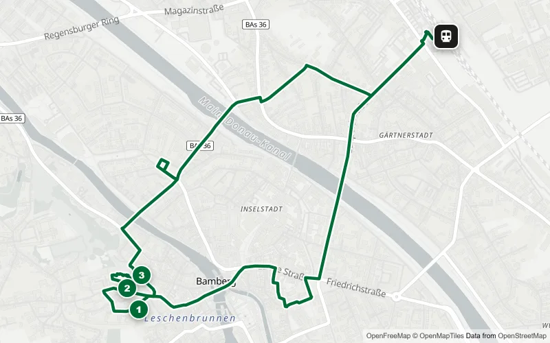 Karte der Bahnhofsrunde Bamberg: langer Weg vom Bahnhof zu Dom, Neuer Residenz und Rosengarten auf dem Domberg
