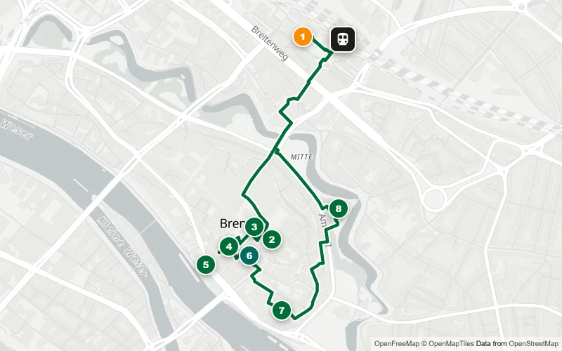 Karte der Bahnhofsrunde Bremen: 8 Spots vom Übersee-Museum durch die Altstadt bis zum Schnoor und zurück