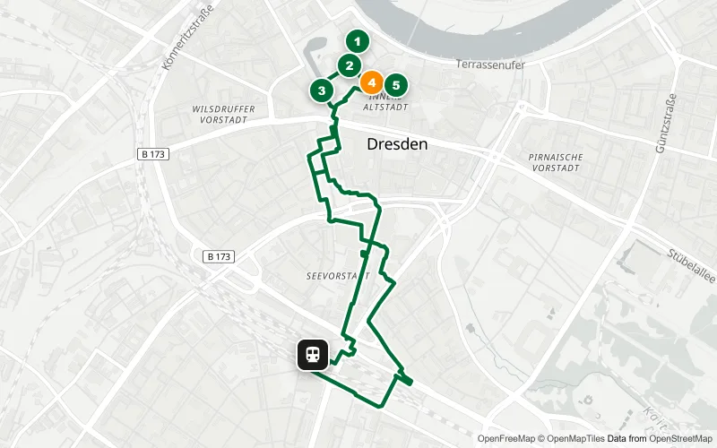 Karte der Bahnhofsrunde Dresden: 5 Spots um Zwinger, Semperoper und Residenzschloss
