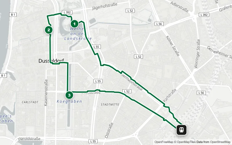 Karte der Bahnhofsrunde Düsseldorf: 3 Spots mit Königsallee, Hofgarten und K20