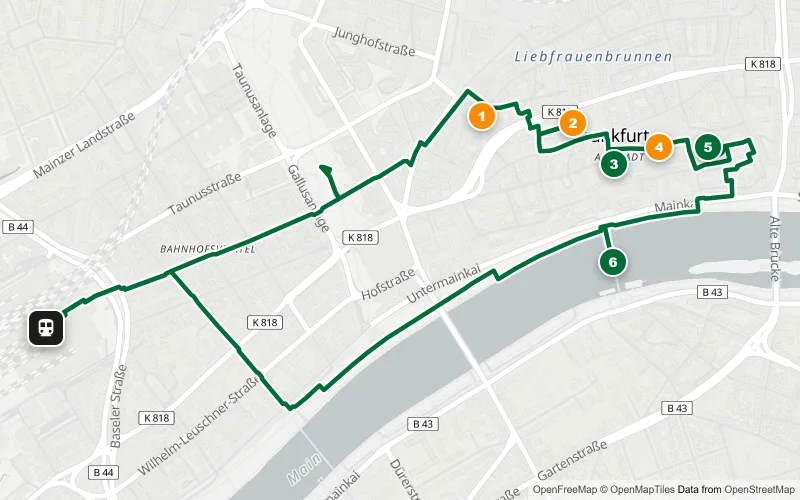 Karte der Bahnhofsrunde Frankfurt: 6 Spots vom Goethe-Haus über den Römerberg bis zum Dom
