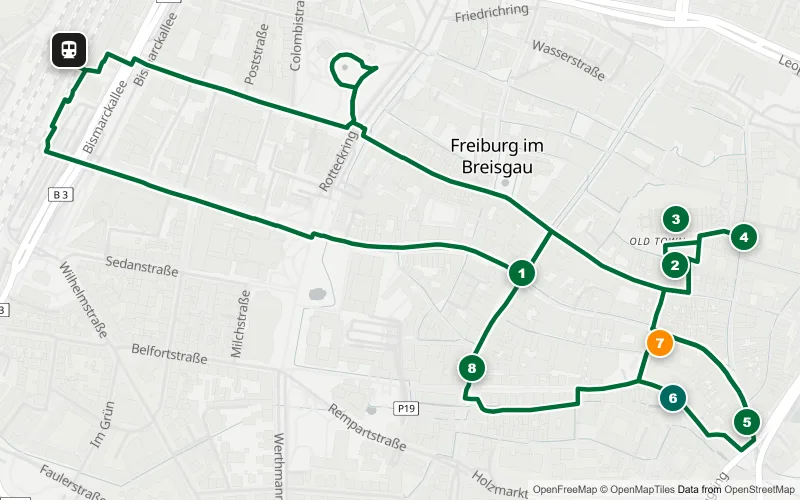 Karte der Bahnhofsrunde Freiburg: 8 Spots vom Bertoldsbrunnen über das Münster zum Schwabentor und zurück