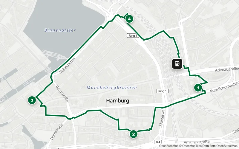 Karte der Bahnhofsrunde Hamburg: 4 Spots zwischen Kunsthalle, Chilehaus und Rathaus