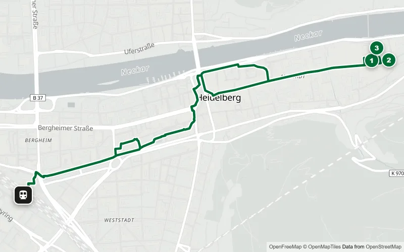Karte der Bahnhofsrunde Heidelberg: 2,7 Kilometer vom Hauptbahnhof durch die Weststadt bis in die Altstadt