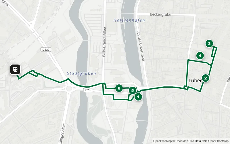 Karte der Bahnhofsrunde Lübeck: 6 Spots zwischen Salzspeichern, Rathaus, Marienkirche und Holstentor
