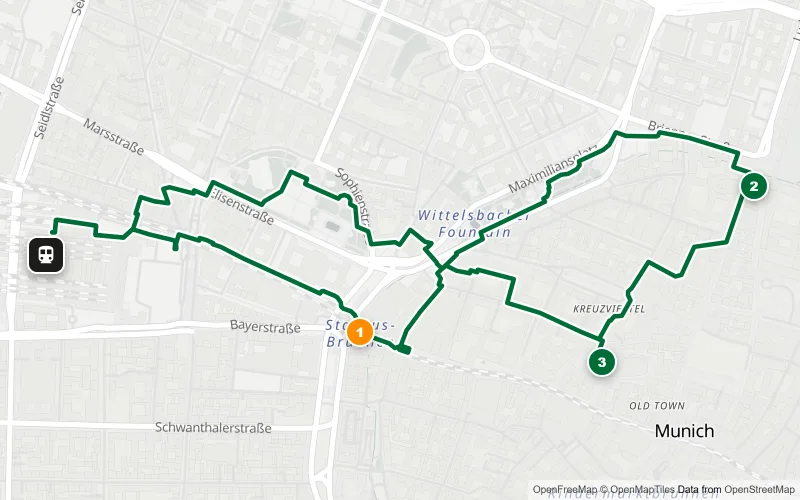 Karte der Bahnhofsrunde München: 3 Spots mit Stachus, Odeonsplatz und Frauenkirche