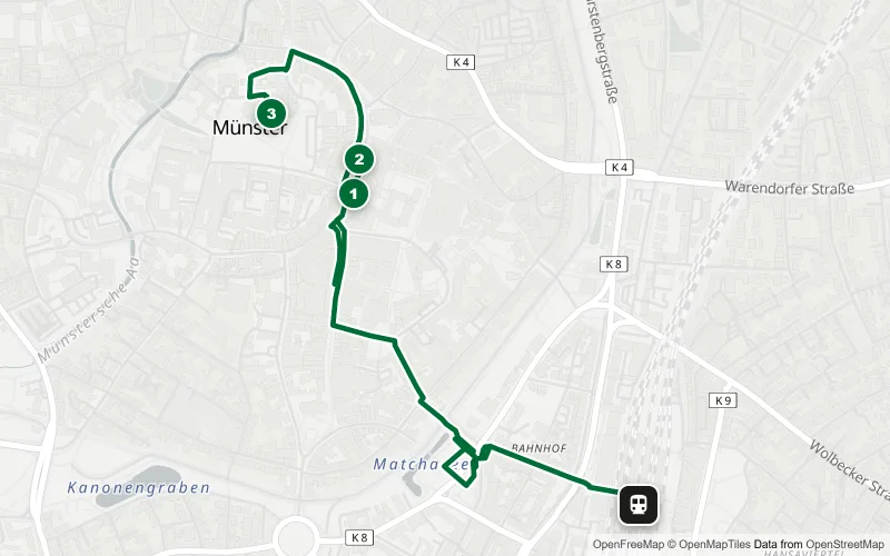 Karte der Bahnhofsrunde Münster: 3 Spots mit Rathaus, Prinzipalmarkt und Dom