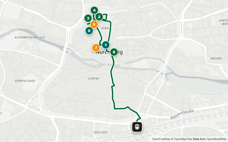 Karte der Bahnhofsrunde Nürnberg: 8 Spots bis hinauf zur Kaiserburg und zurück