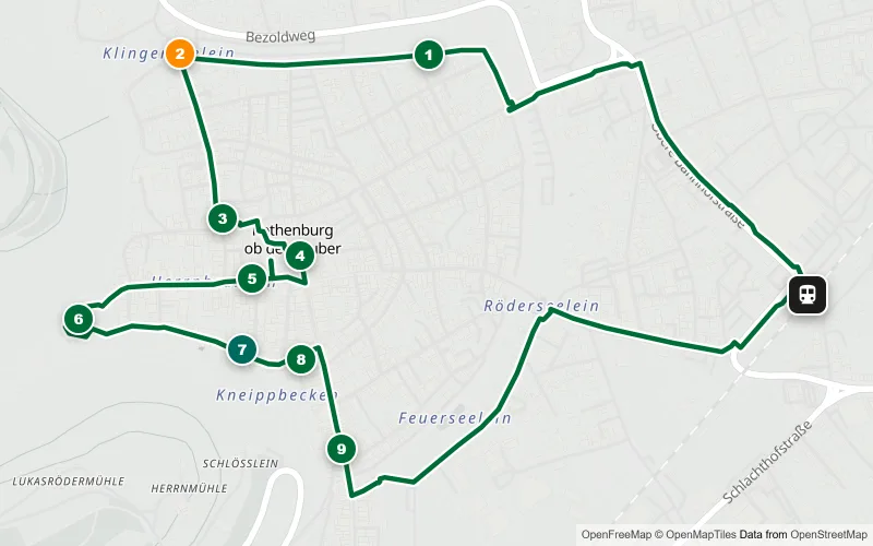 Karte der Bahnhofsrunde Rothenburg ob der Tauber: 9 Spots innerhalb der Stadtmauer