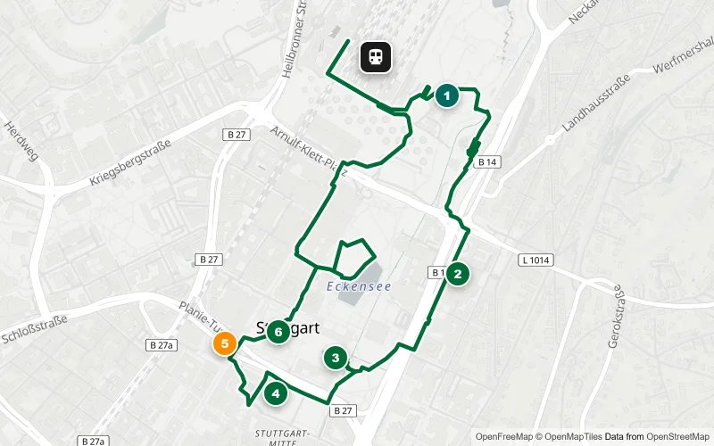 Karte der Bahnhofsrunde Stuttgart: 6 Spots durch den Schlossgarten zum Schlossplatz