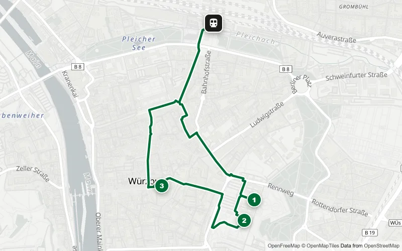 Karte der Bahnhofsrunde Würzburg: 3 Spots mit Residenz, Hofgarten und Dom