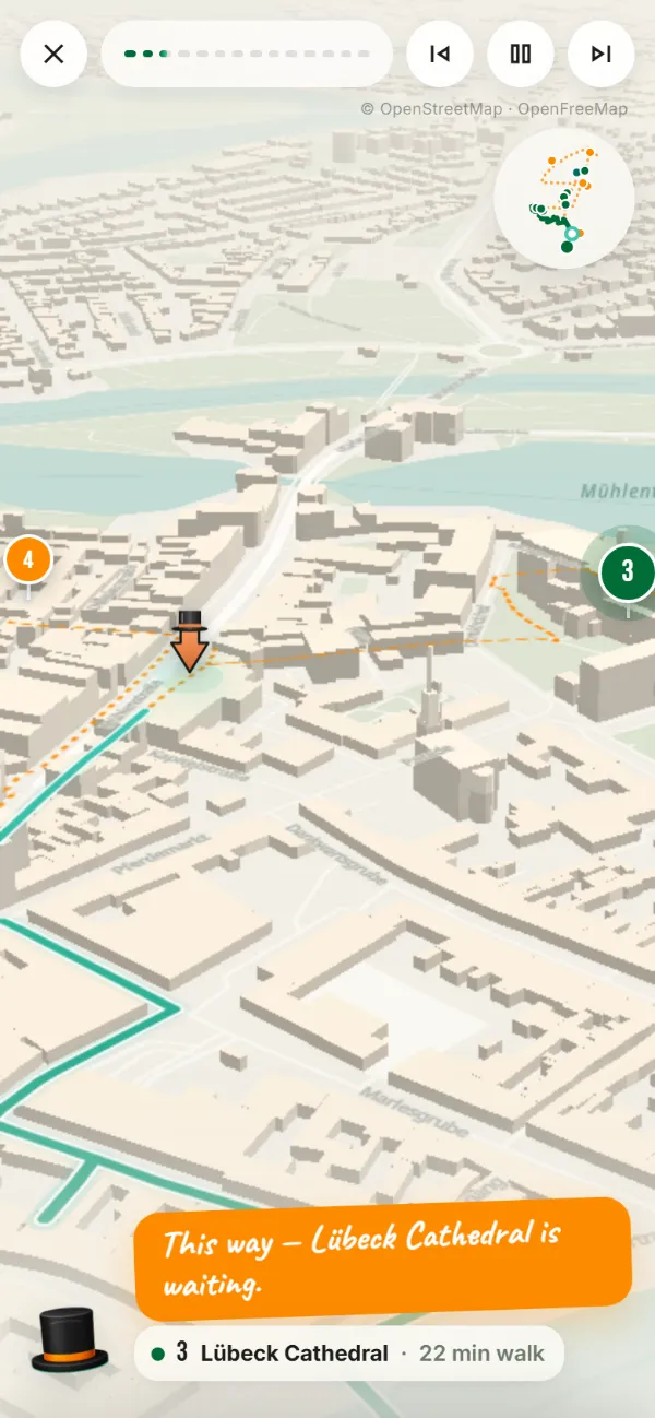 3D flyover of Lubeck: Stubbs' top hat flies over the 3D city model towards Lubeck Cathedral, a 22 minute walk