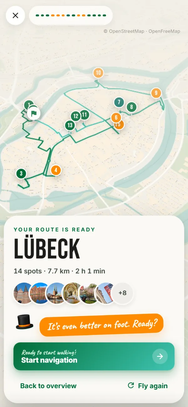 End of the 3D flyover: the Lubeck loop with 14 spots, 7.7 km and 2 h 1 min at a glance, with Start navigation below