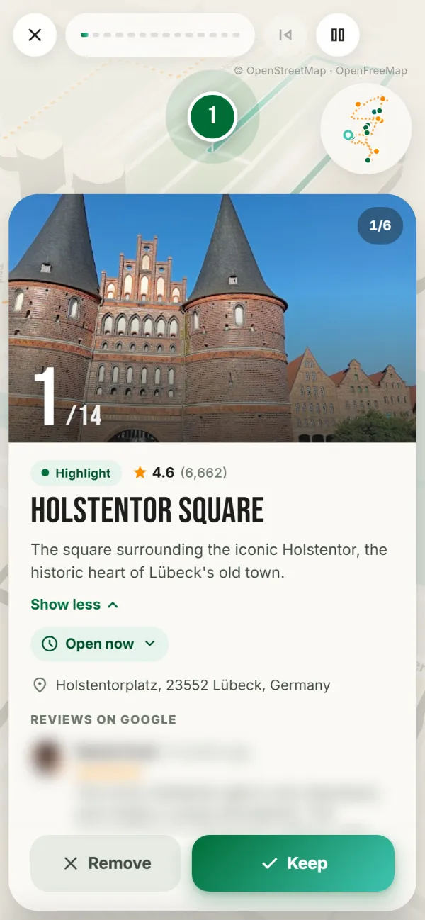 Spot card in the 3D flyover: Holstentor Square with photo, 4.6 rating, open now, address and the Remove and Keep buttons