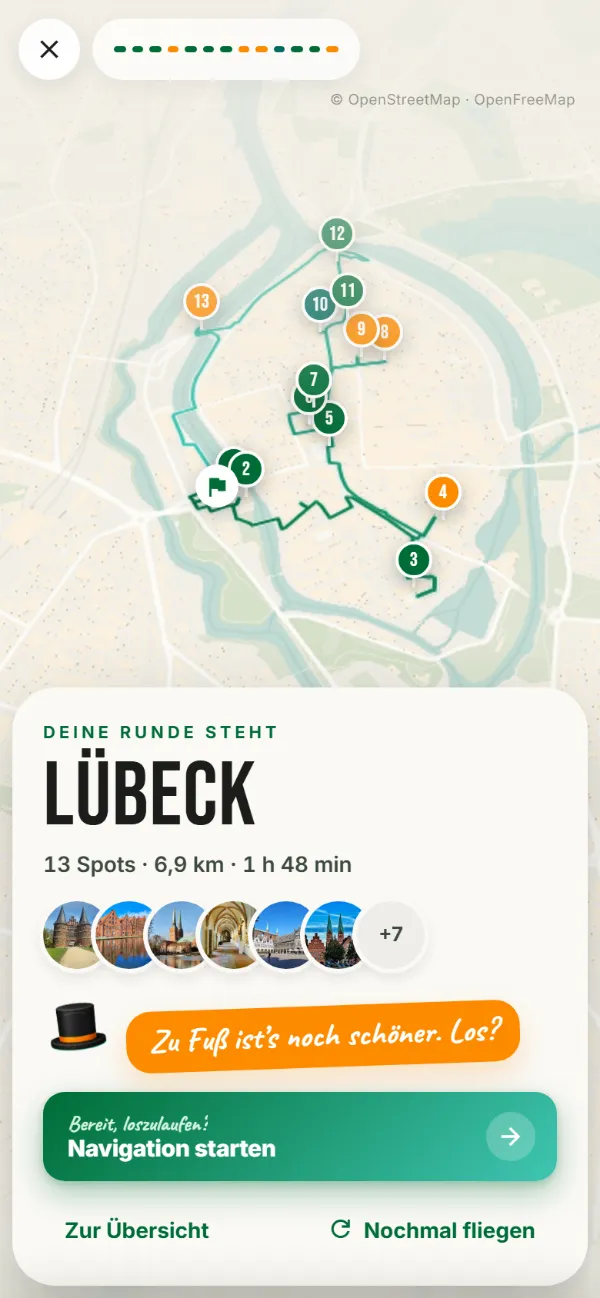 Finale des 3D-Rundflugs: Lübeck-Runde mit 13 Spots, 6,9 km und 1 h 48 min im Überblick, darunter Navigation starten