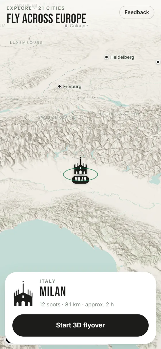 3D map of Europe: Milan Cathedral in the target circle in front of the Alps, below it “Start 3D flyover”