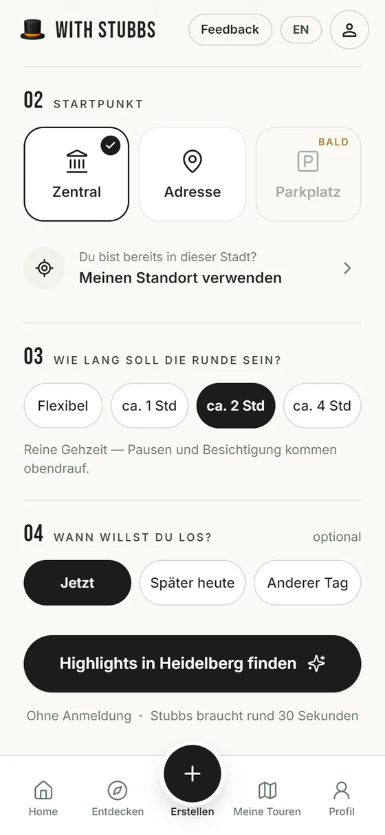 Länge der Runde und Startzeit wählen