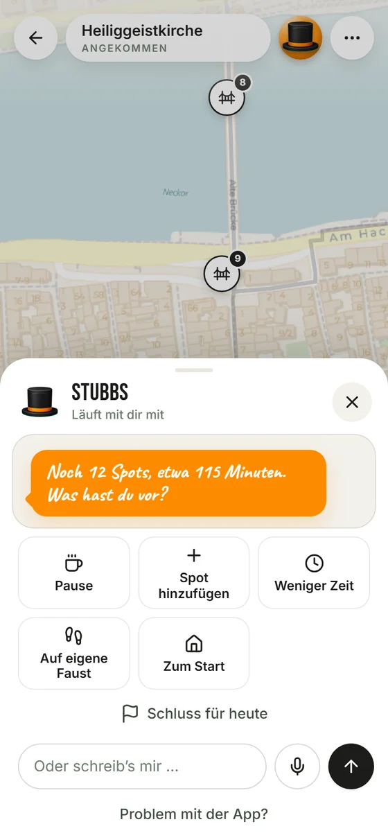 Navigation in Heidelberg: Stubbs bietet „Auf eigene Faust“ und „Zum Start“ an