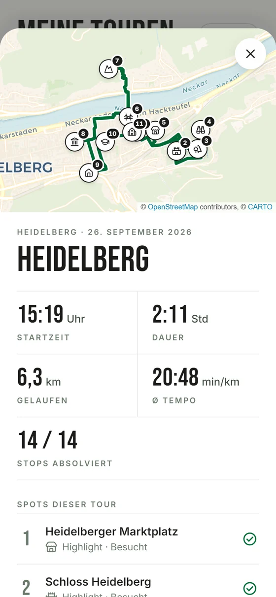 Gelaufene Heidelberg-Tour mit Statistik und Karte